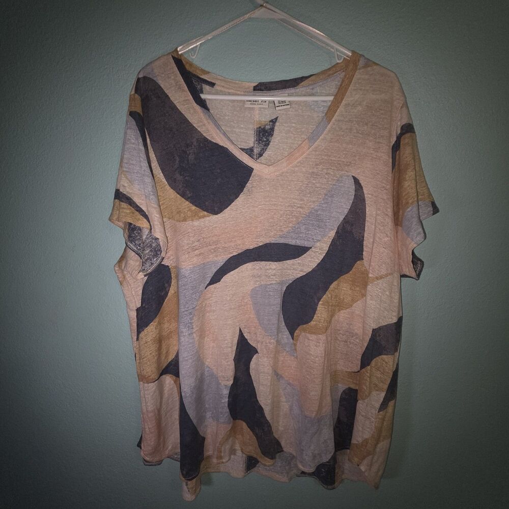 Rachel Zoe Linen T-Shirt Swirl Abstract Print Short Sleeve V-Neck Artsy Tee 2x